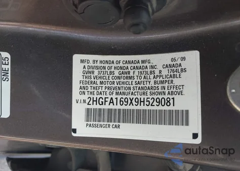 2009 Honda Civic Ex-L z USA, uszkodzony, nr VIN 2HGFA169X9H529081